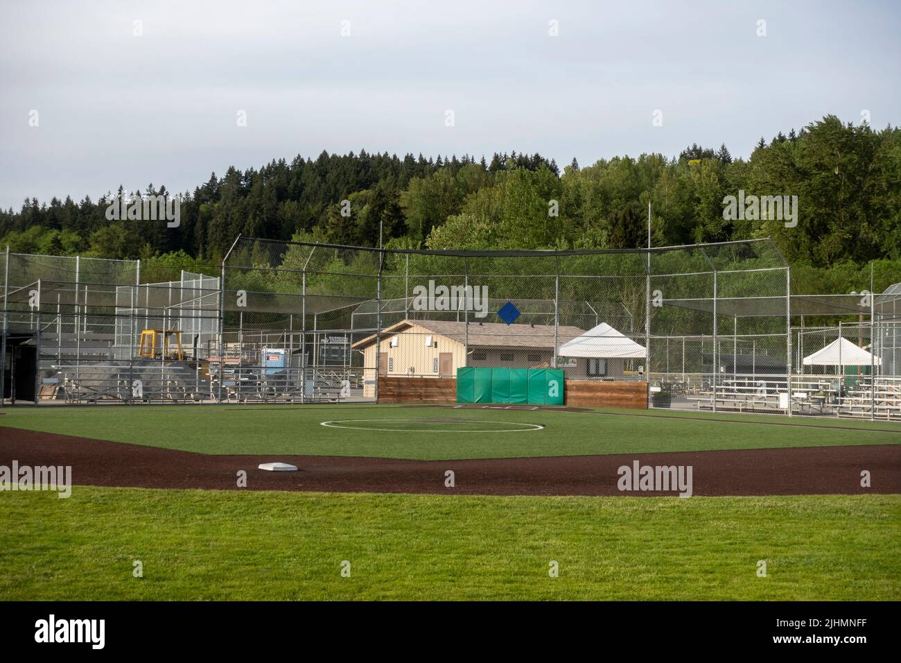 Woodinville, WA USA - circa May 2022: Angled wide view of a baseball field on a bright, sunny day Stock Photo