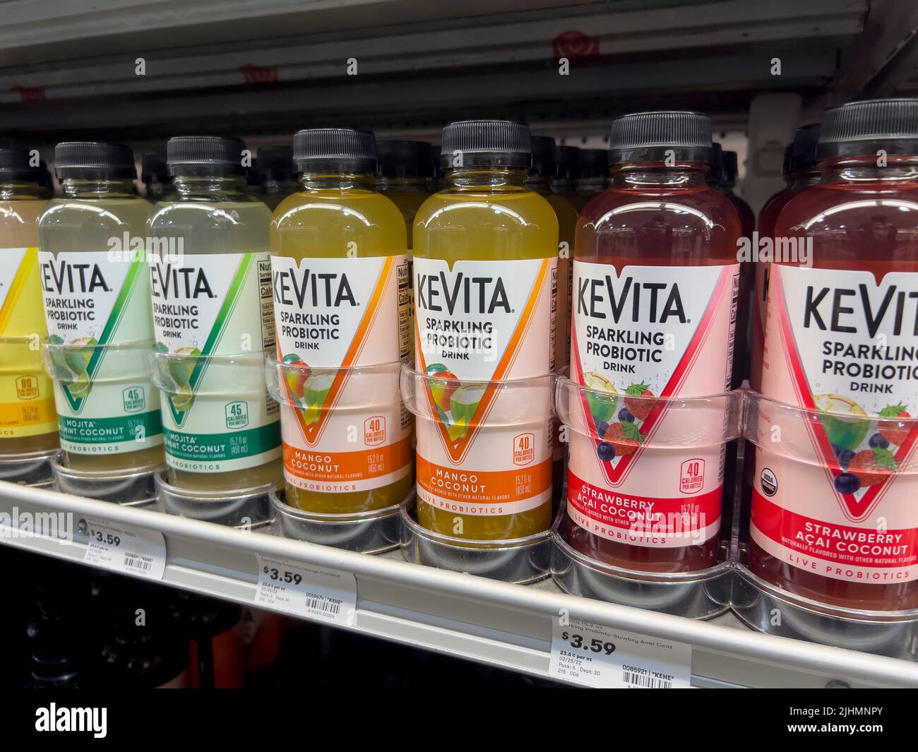 Mill Creek, WA USA - circa May 2022: Close up view of Kevita sparkling probiotic drinks for sale inside a Town and Country Market. Stock Photo