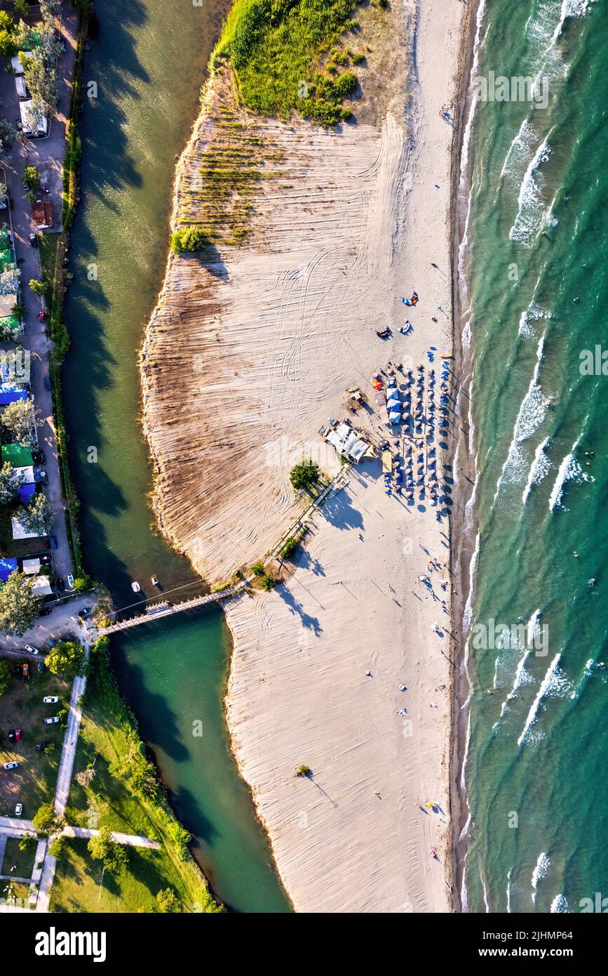 The beach of Stomio village and the southern 'edge' of the Delta of Pineios river at the Aegean Sea. Larissa, Thessaly, Greece. Stock Photo