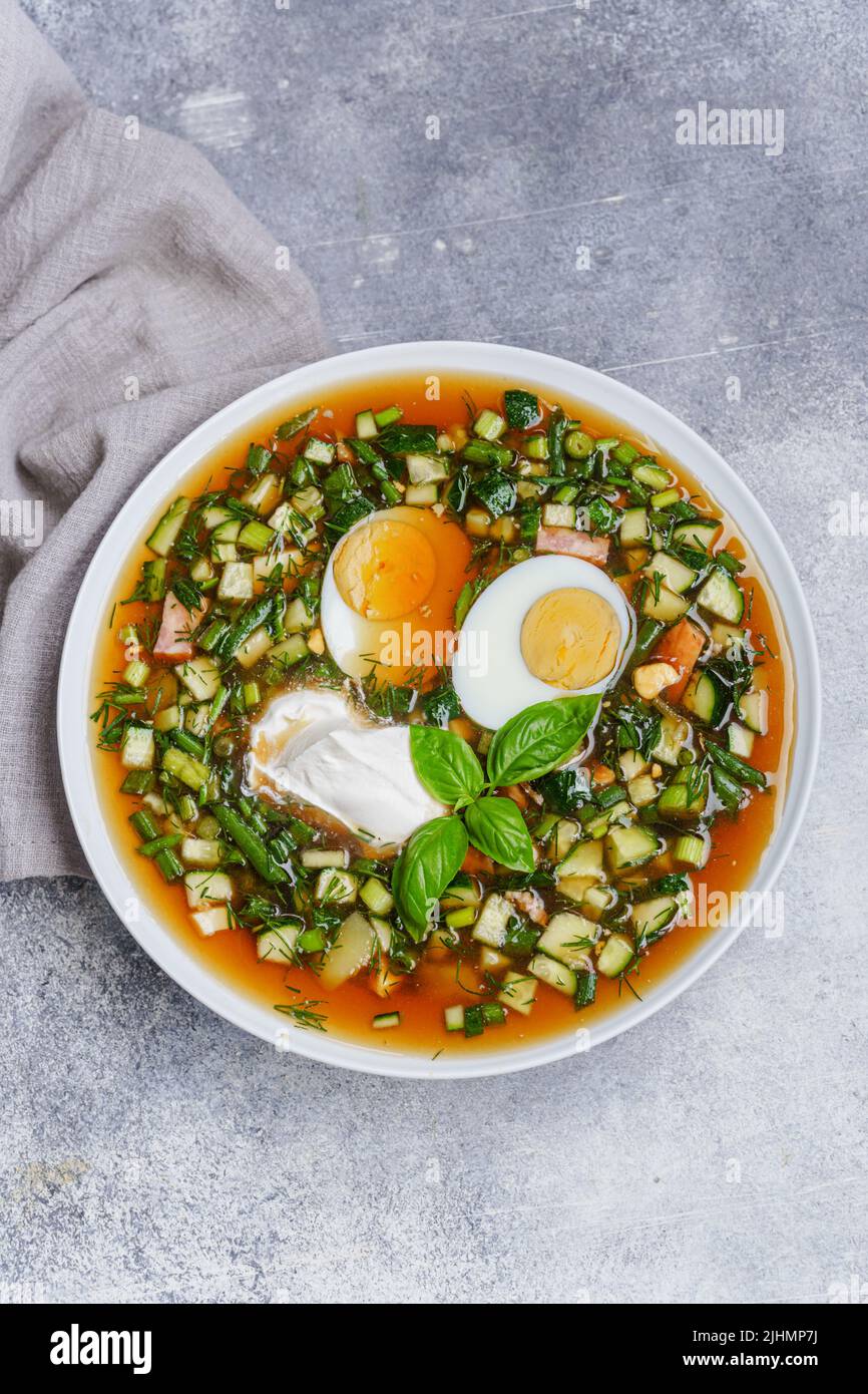 Russian rustic cold soup with vegetables, kvass and fresh herbs Stock