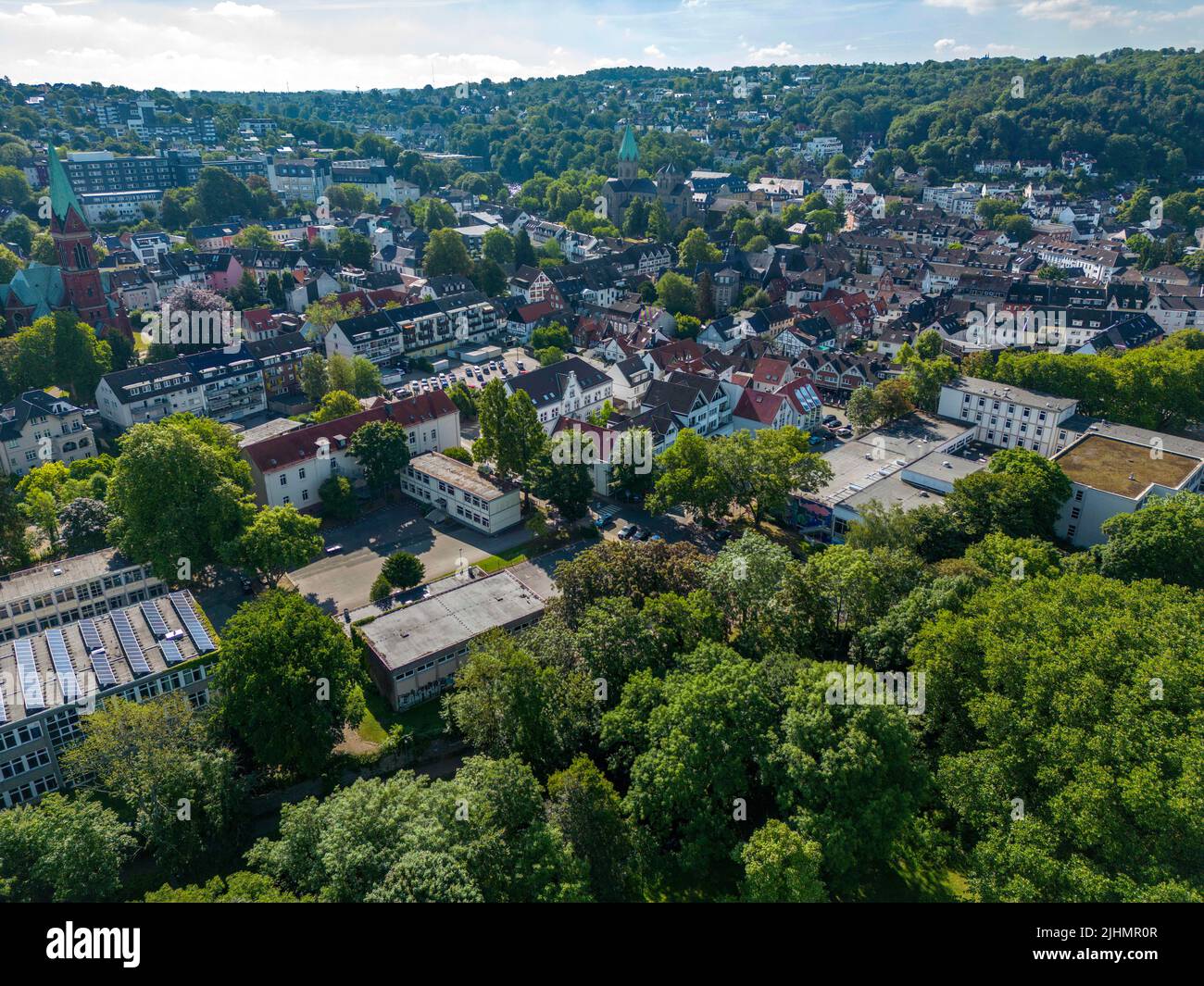 View over Essen-Werden, Brehminsel, in the river Ruhr, NRW, Germany, Stock Photo