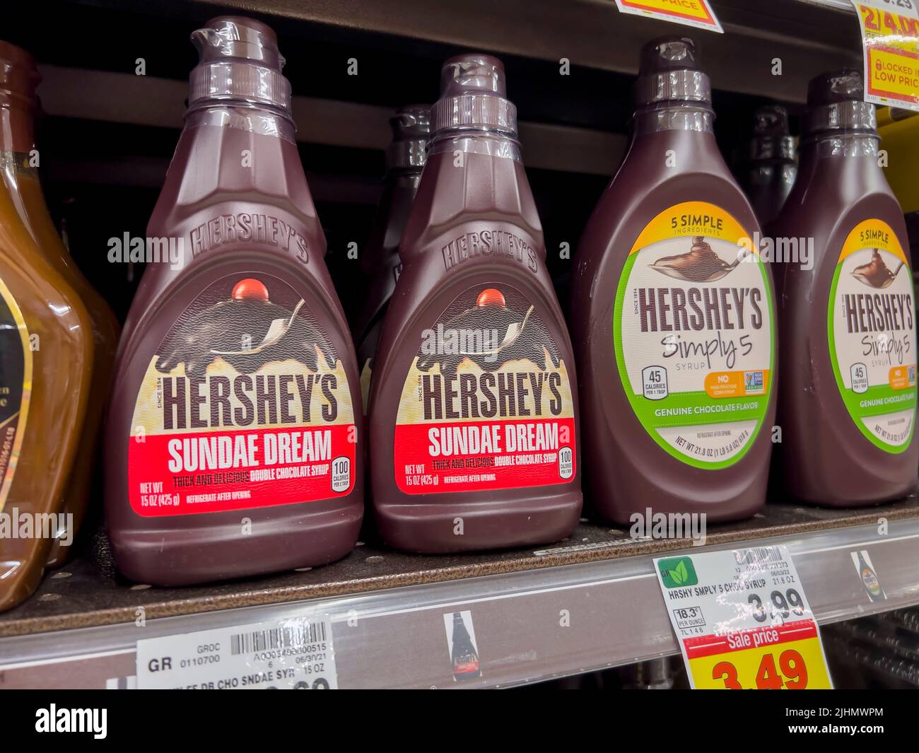 Seattle, WA USA - June 2022: Close up view of Hershey's syrup for ice cream on a grocery store shelf. Stock Photo