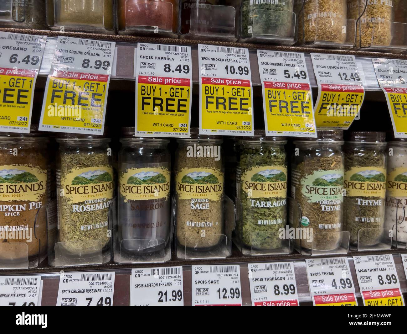 Seattle, WA USA - June 2022: Close up view of spices and seasonings for sale inside a QFC grocery store. Stock Photo