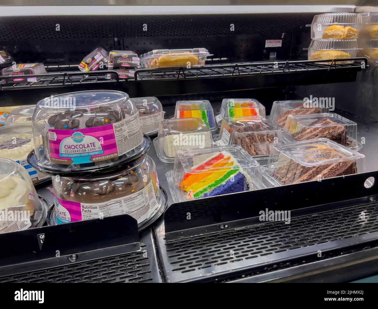 Seattle, WA USA - circa June 2022: Close up view of gay pride cake for sale inside a local grocery store Stock Photo