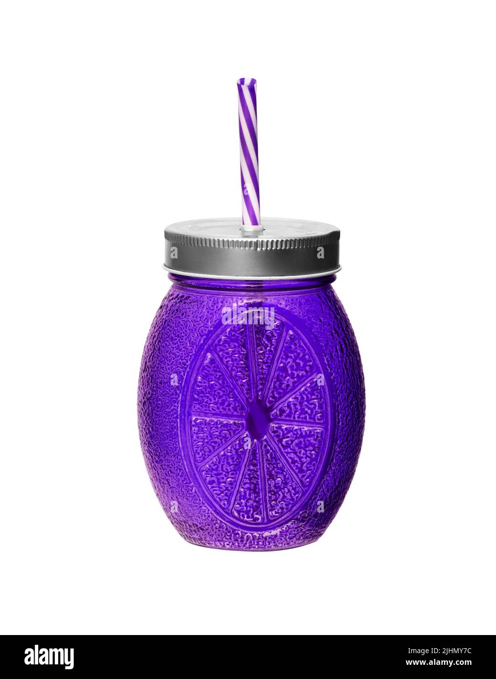 Purple glass Mason jar tumbler on a white surface. Tumbler isolated on