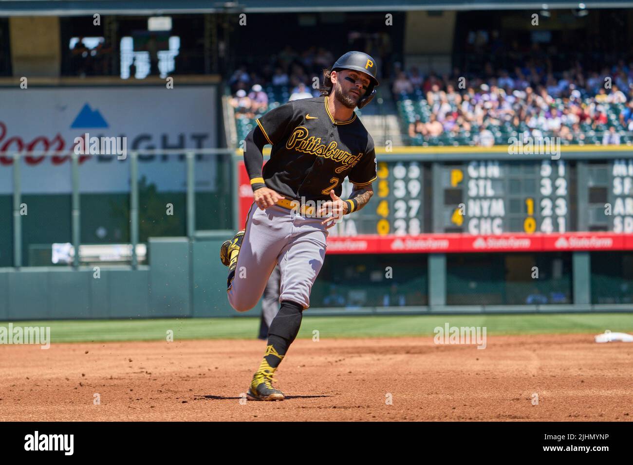 July 17 2022: Pittsburgh first baseman Michael Chavis (2) on the base path  during the game with Pittsburgh Pirates and Colorado Rockies held at Coors  Field in Denver Co. David Seelig/Cal Sport