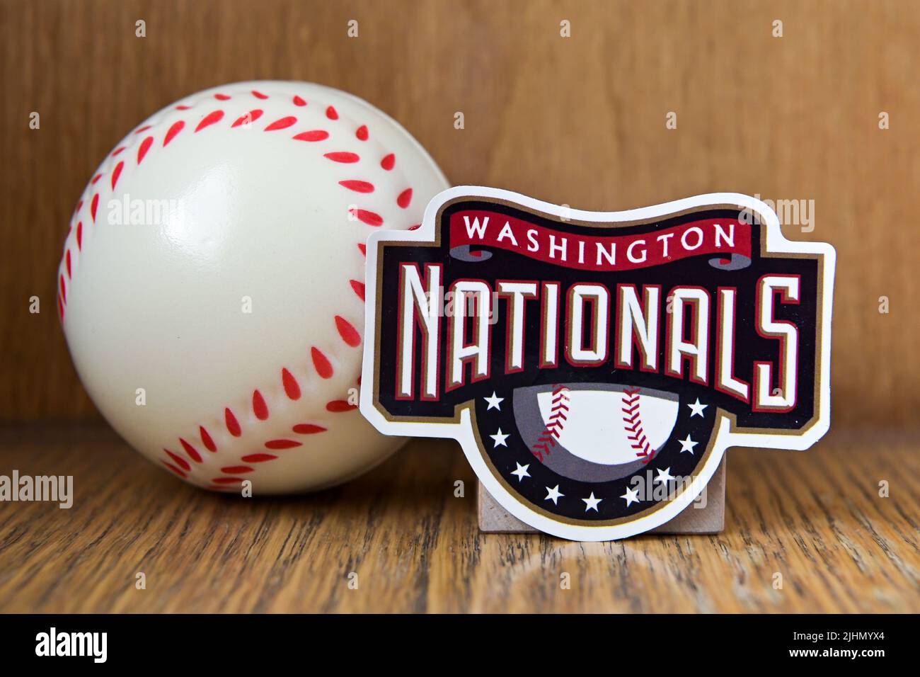 July 19, 2022, Cooperstown, New York. The emblem of the Washington Nationals baseball club and a baseball. Stock Photo