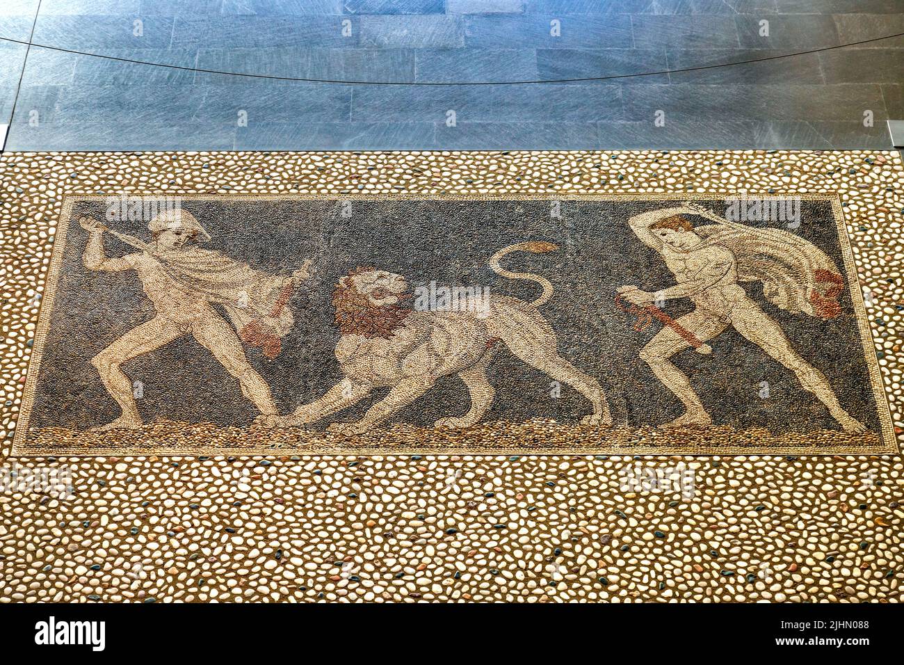 The 'Lion Hunt' (4th century BC), one of the most impressive mosaic floors in the Archaeological Museum of Pella, Macedonia, Greece. Stock Photo