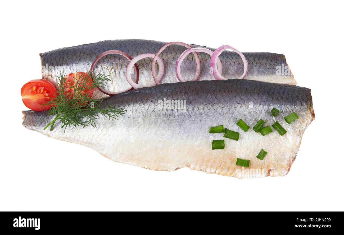 Slices of herring fish isolated on a white background Stock Photo - Alamy