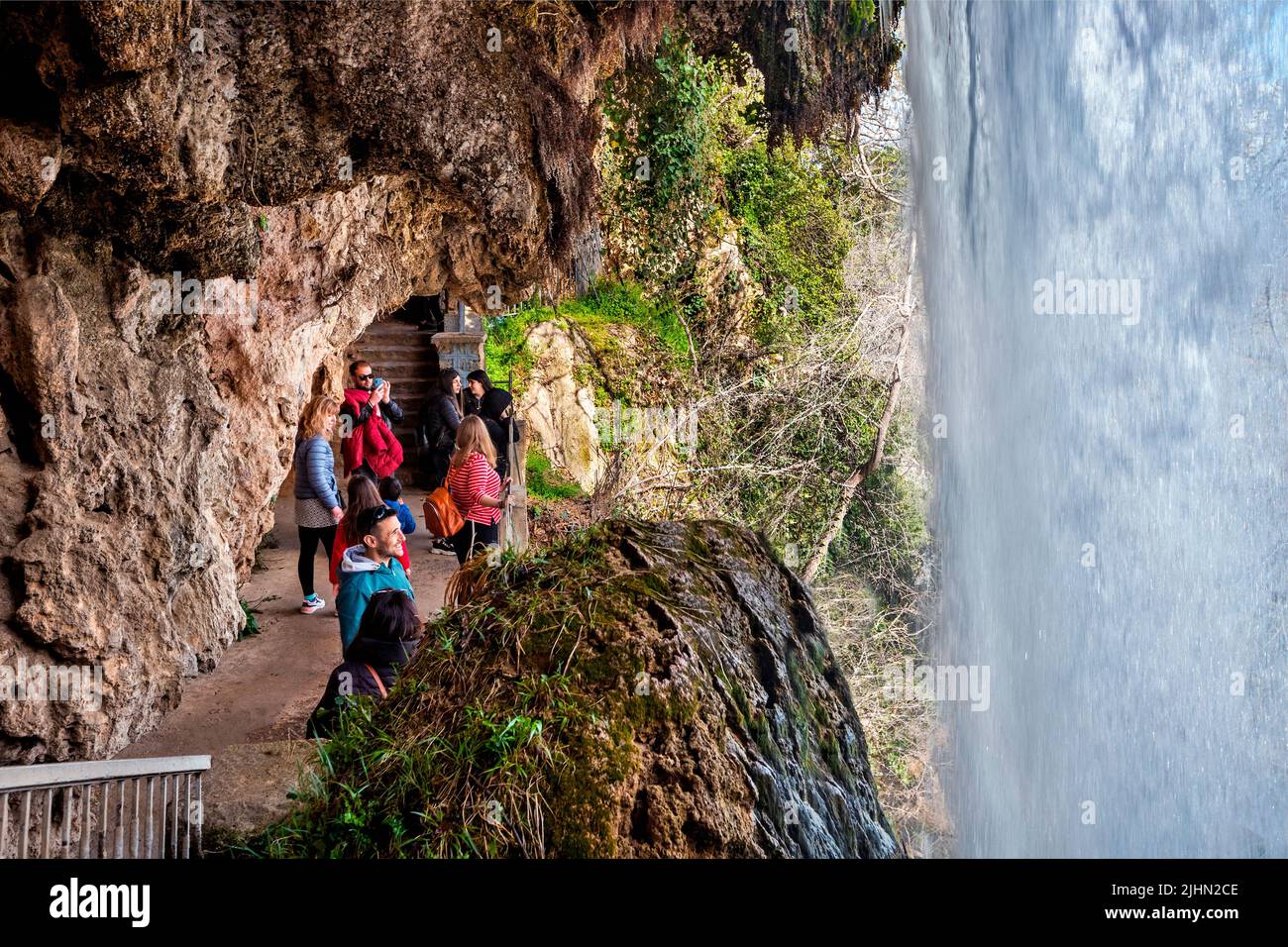 Passing under Karanos, the largest among the waterfalls of Edessa, Pella, Macedonia, Greece. Stock Photo
