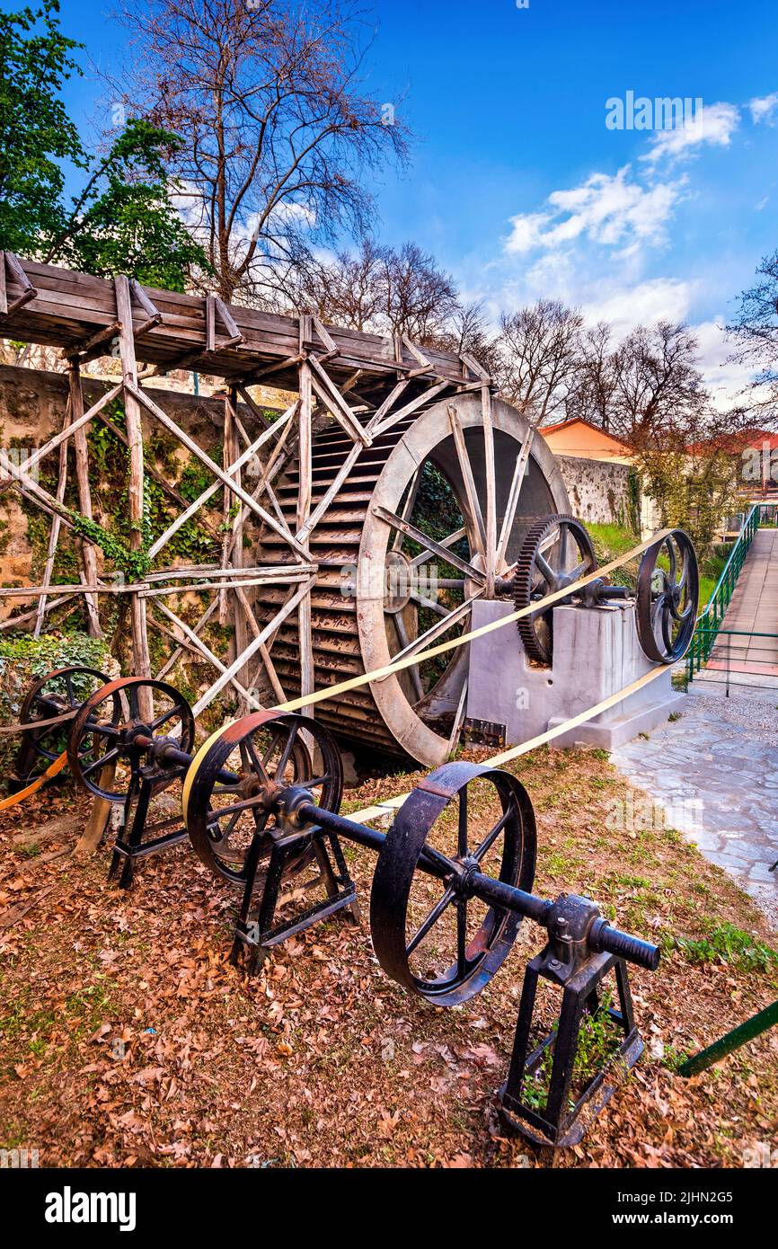 At the Open-air Museum of Water and Water Power in Varosi, the old part of Edessa town, Pella, Macedonia, Greece. Stock Photo
