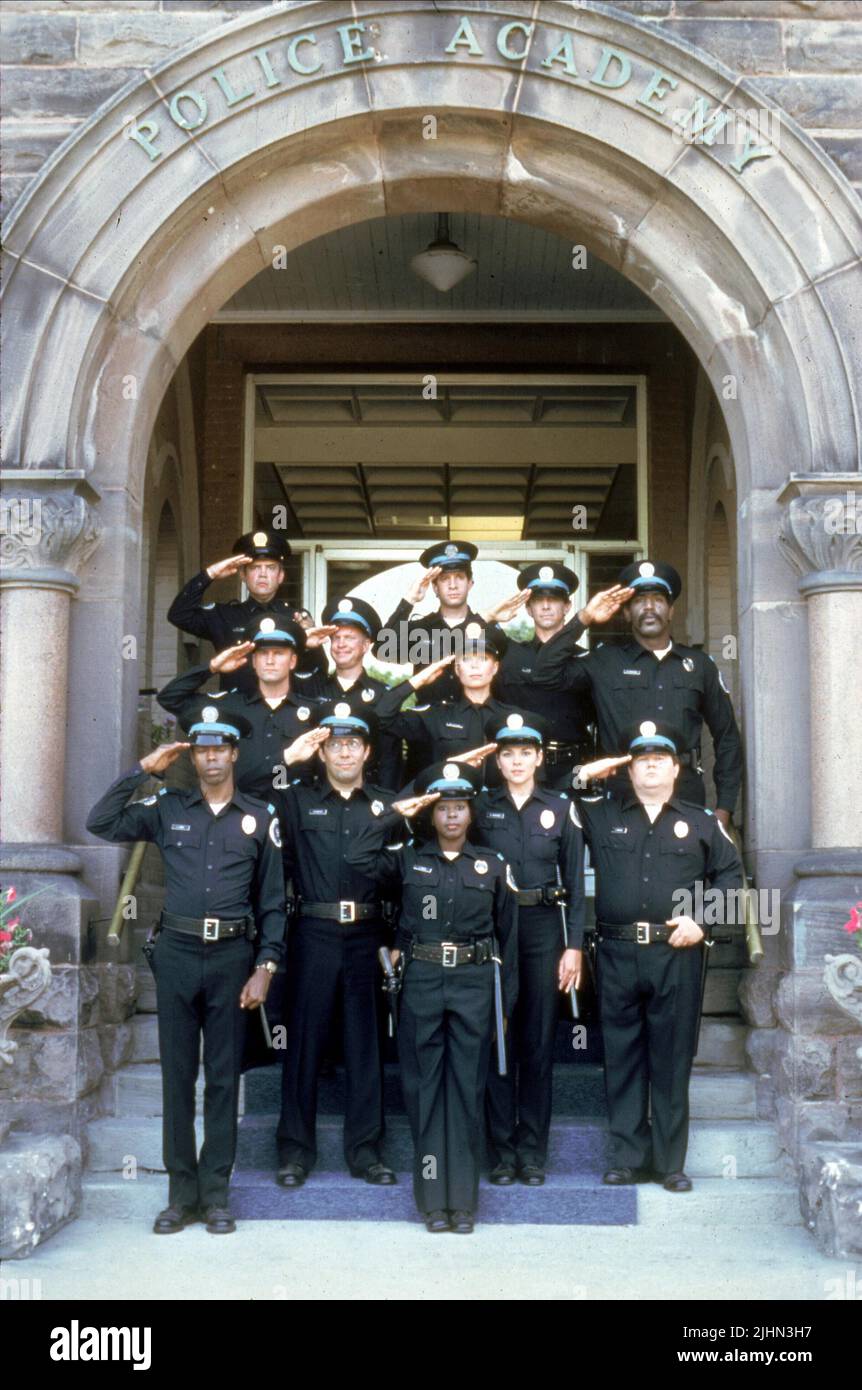 RAMSEY,CATTRALL,GUTTENBERG,MAHLER,BAILEY,SMITH,SCOTT,RUBIN,EASTERBROOK,WINSLOW,HOFFMAN,THOMSON, POLICE ACADEMY, 1984 Stock Photo