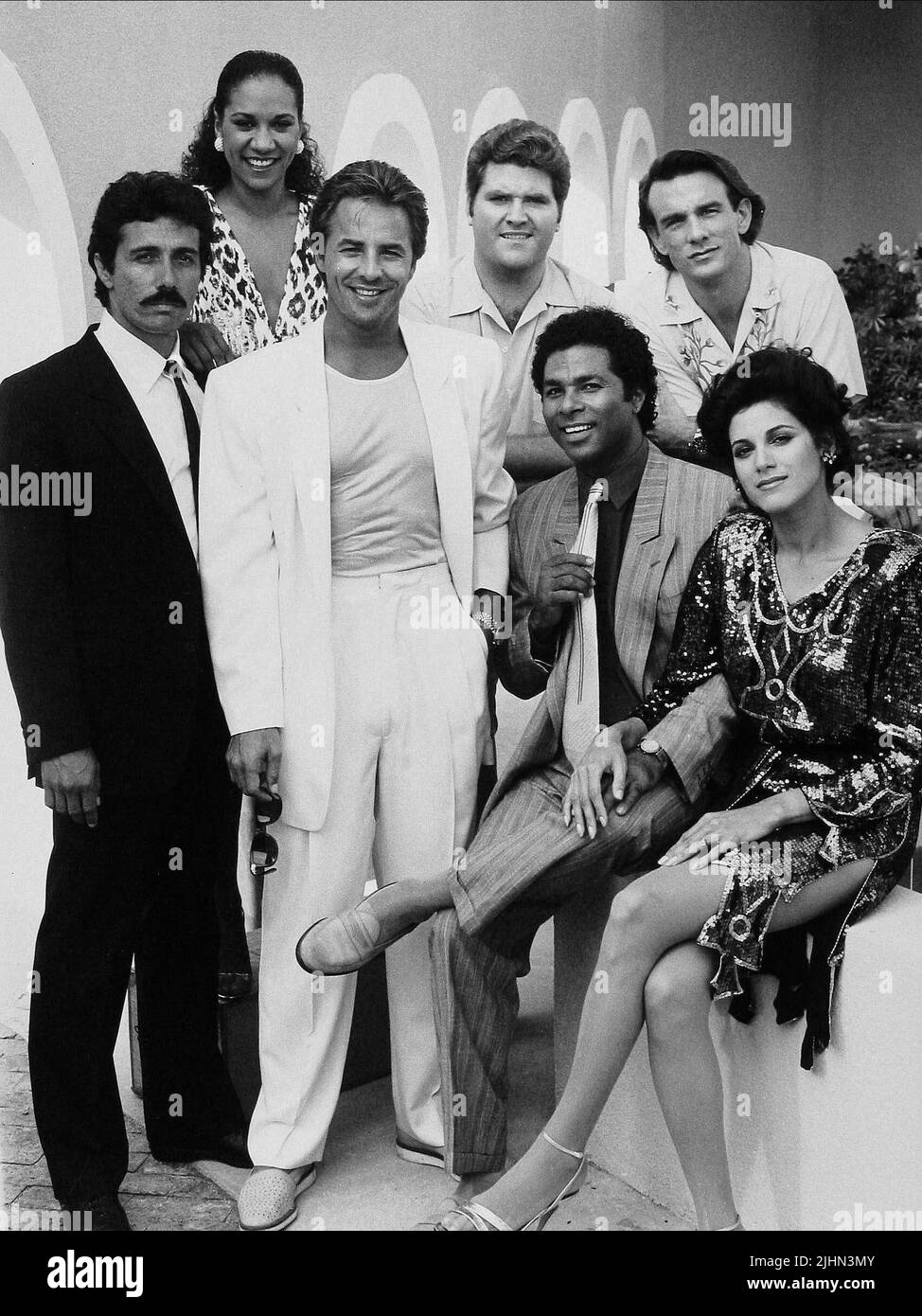 EDWARD JAMES OLMOS, OLIVIA BROWN, DON JOHNSON, MICHAEL TALBOTT, PHILIP MICHAEL THOMAS, JOHN DIEHL, SAUNDRA SANTIAGO, MIAMI VICE, 1984 Stock Photo