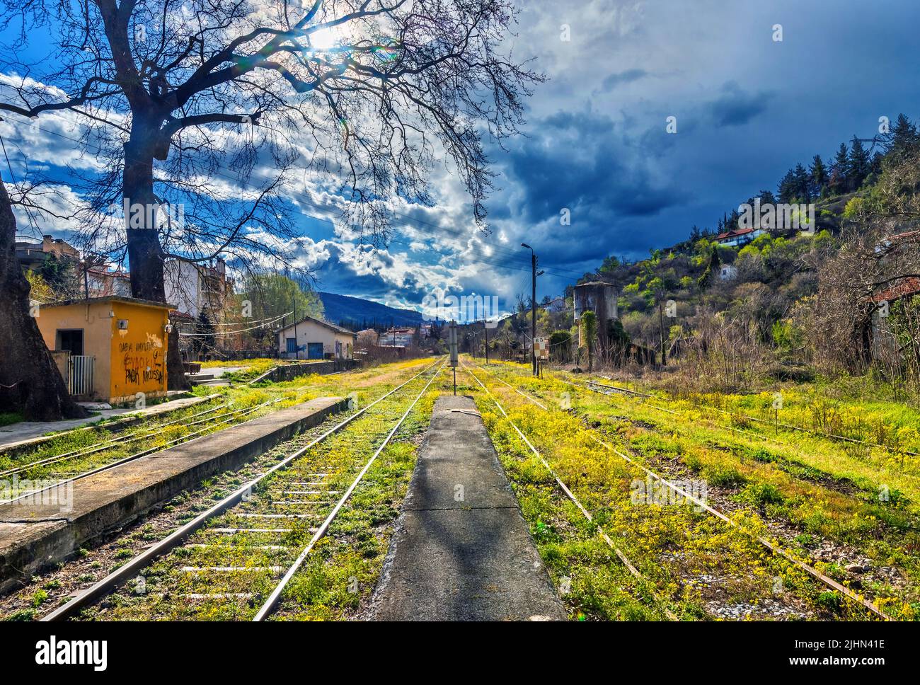 Springtime  at the train station of Edessa town (Pella, Macedonia, Greece). Stock Photo