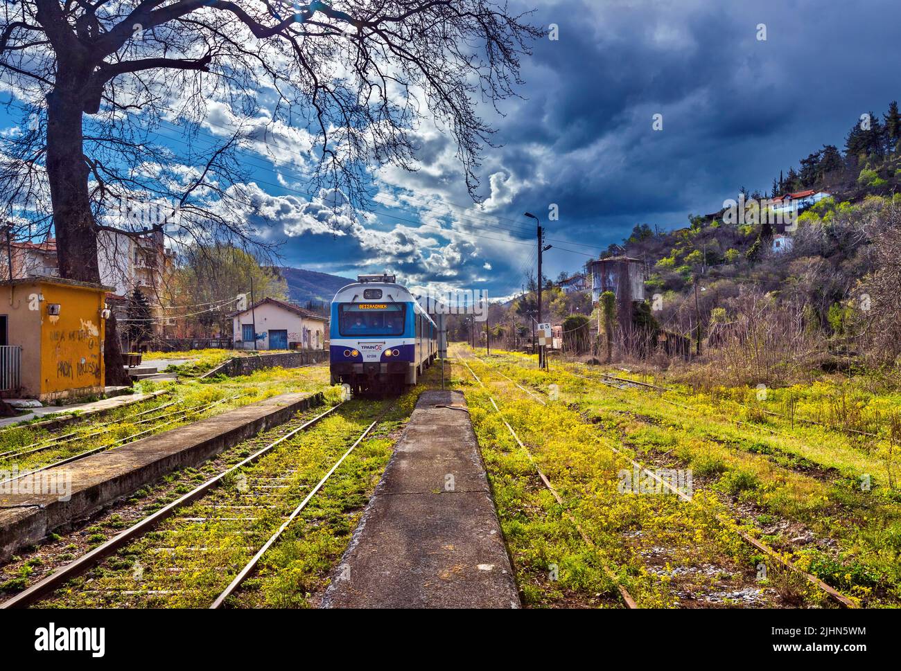 The train from Florina arrives at the train station of Edessa town (Pella, Macedonia, Greece). Final destination: Thessaloniki! Stock Photo