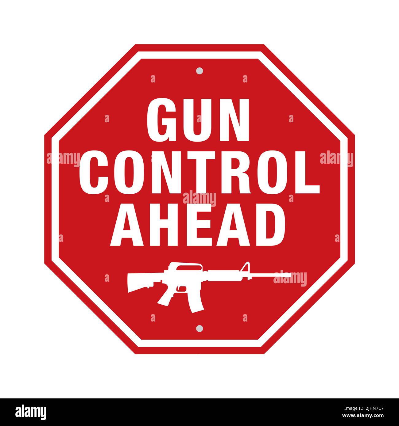 A red stop sign with the words GUN CONTROL AHEAD and an assault rifle message illustration. Stock Photo