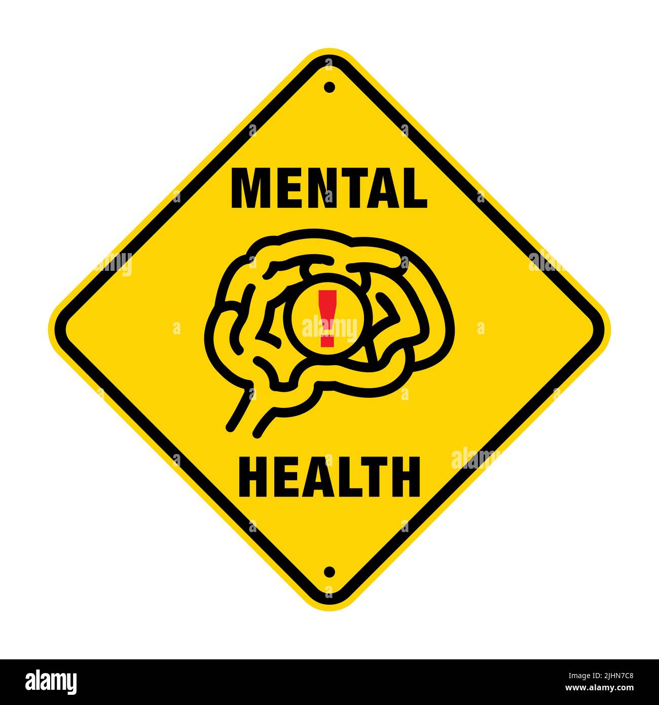 A yellow caution road sign with a mental Health warning illustration