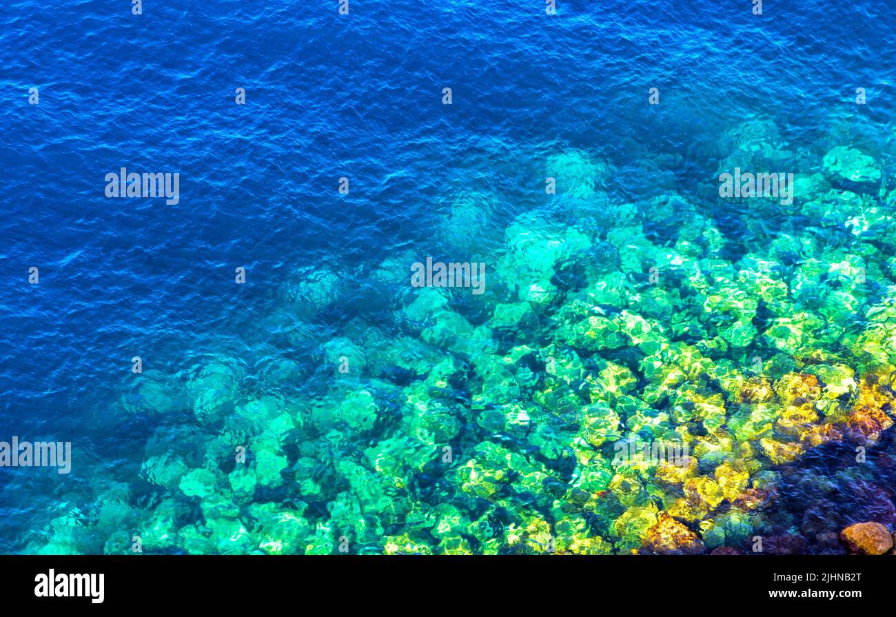 Background made of crystal clear azure and blue sea water. Mediterranean sea. View from above Stock Photo