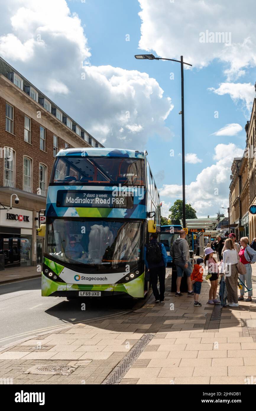 A double decker park and ride bus takes on passengers on Regent Street, Cambridge, UK Stock Photo