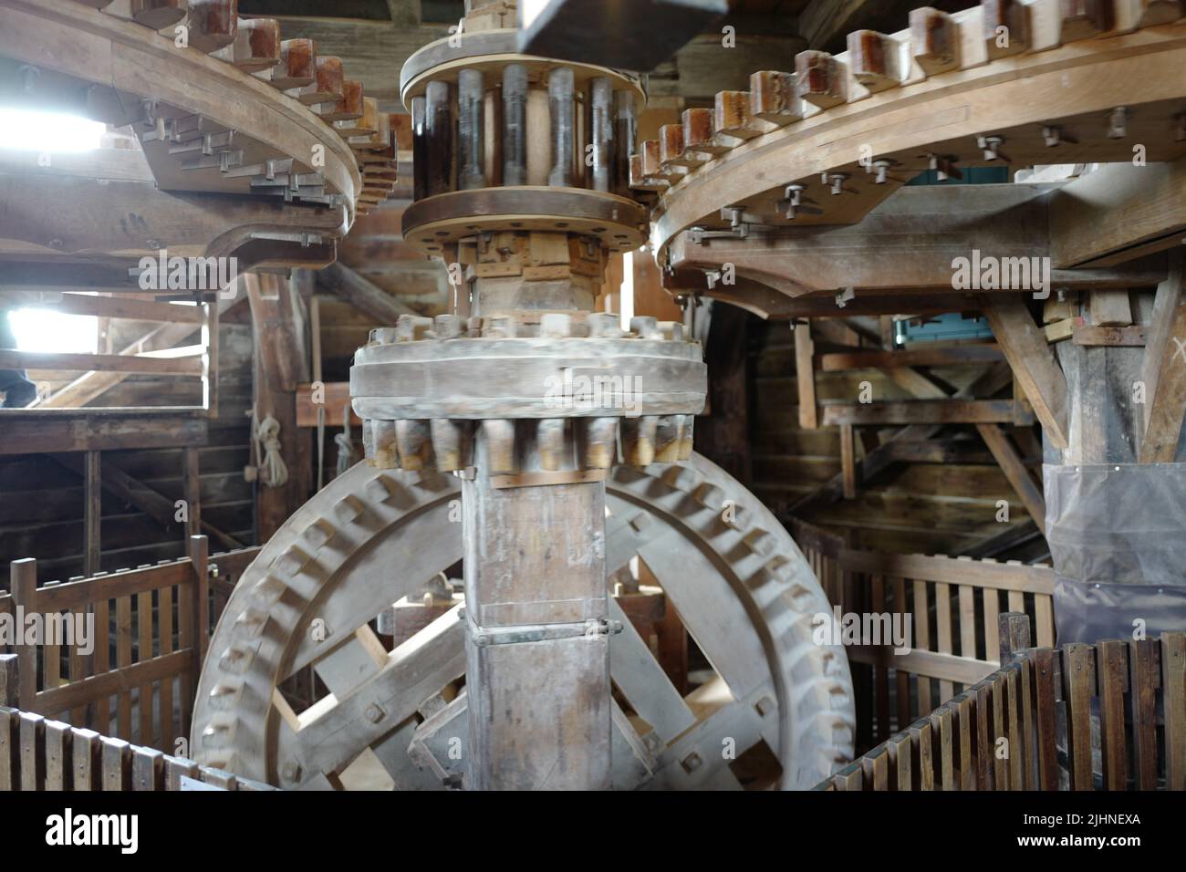 Mechanism inside a windmills at Zaanse Schans in the Netherlands Stock Photo