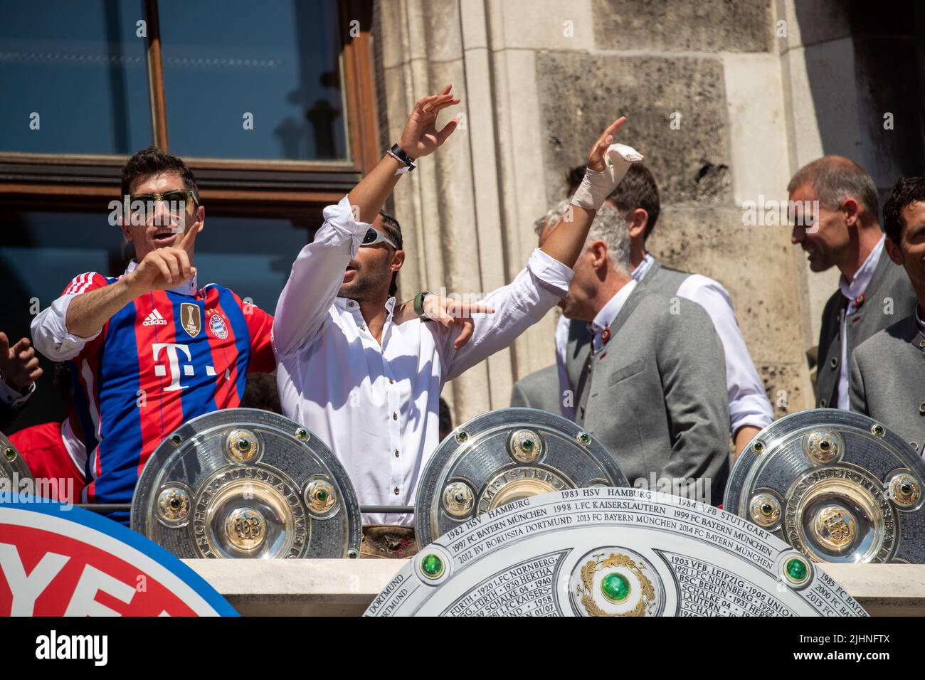 Robert Lewandowski and Serge Gnabry celebrate at the celebrations of the FC  Bayern Munich on May 15, 2022 on the Marienplatz in Munich, Germany. The FC  Bayern won their 10th consecutive Bundesliga
