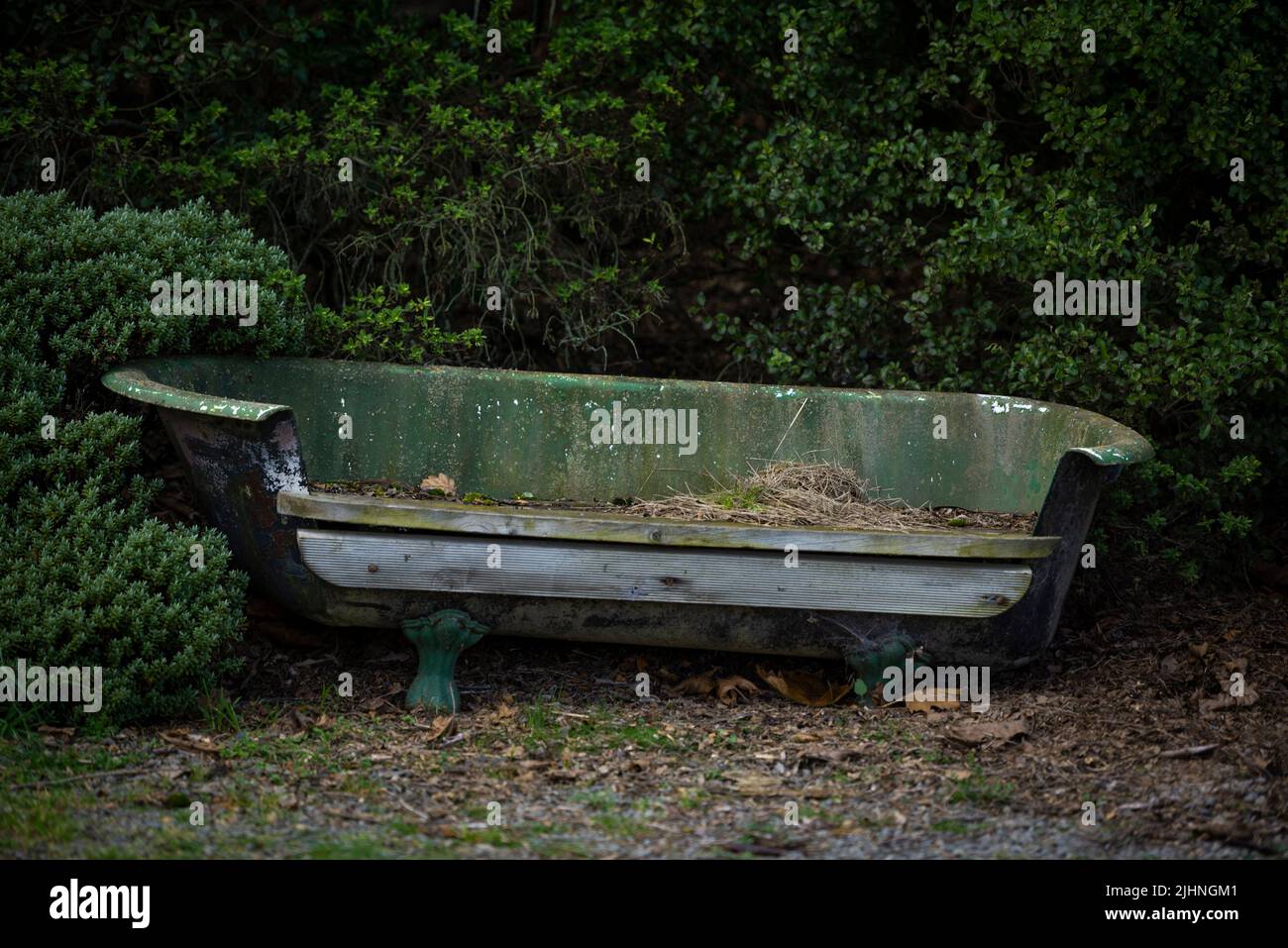 An old clawfoot bathtub converted to a bench in the countryside south of Christchurch, New