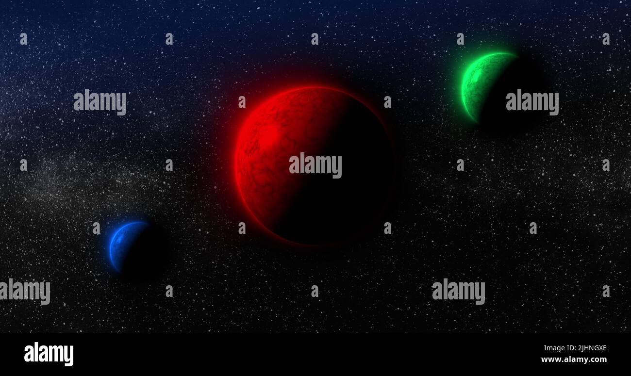 Image of red, green and blue planets in black space Stock Photo