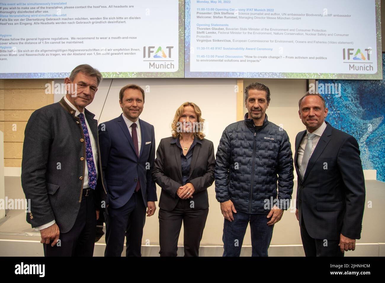 Munich, Germany. 30th May, 2022. Bavaria's Environment Minister Thorsten  Glauber ( Free Electors ), Germany's environment minister Steffi Lemke (  Green Party ), Johannes F. Kirchhoff ( FAUN ), Messe Munich managing