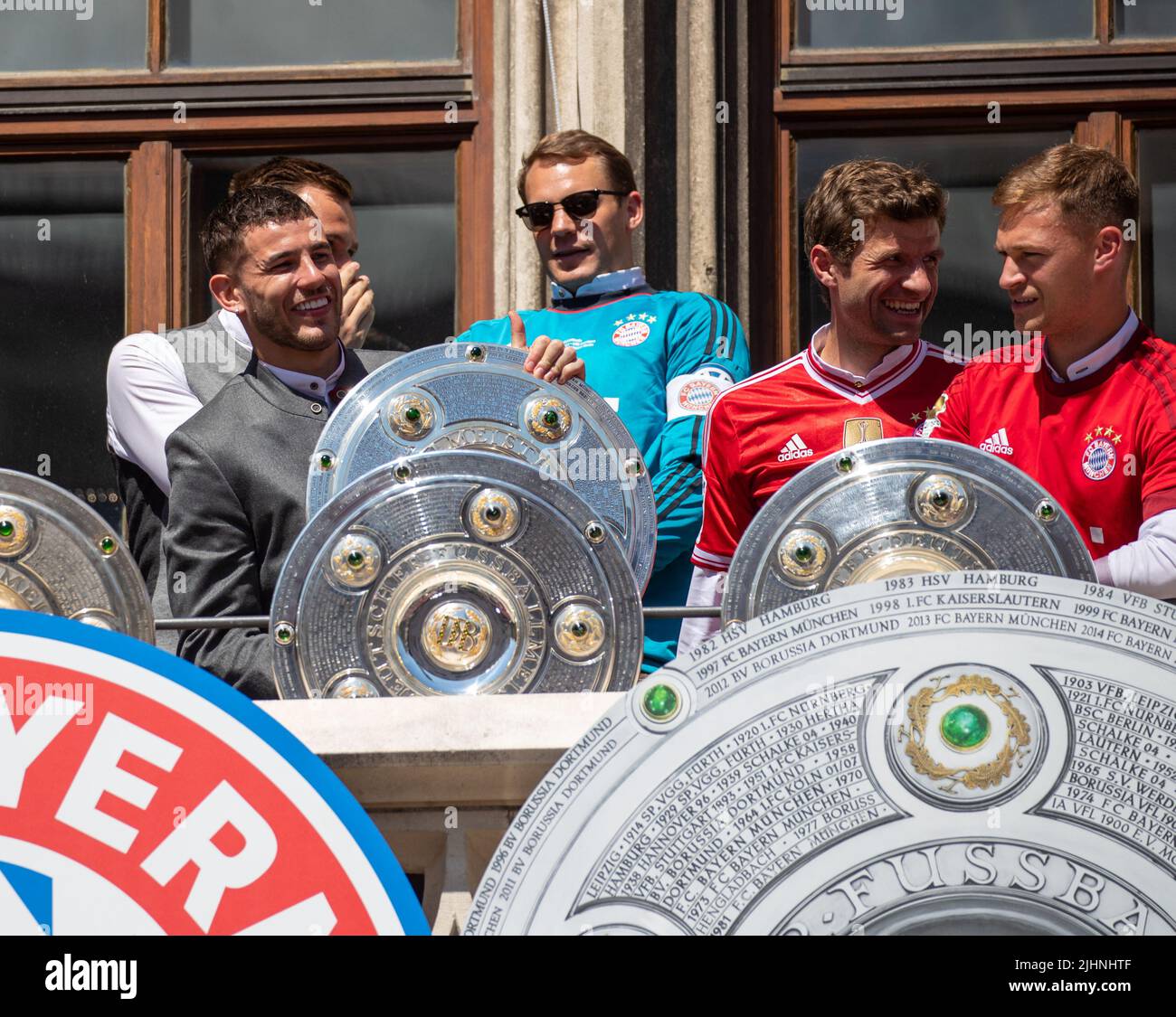 Lucas Hernandez, Manuel Neuer, Thomas Mueller, Joshua Kimmich at the  celebrations of the FC Bayern Munich on May 15, 2022 on the Marienplatz in  Munich, Germany. The FC Bayern won their 10th