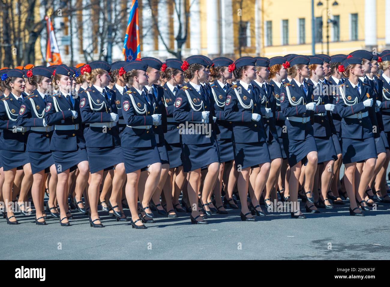 SAINT PETERSBURG, RUSSIA - MAY 06, 2018: Female cadets of the Academy of the Ministry of Internal Affairs march in parade formation. Parade in honor o Stock Photo
