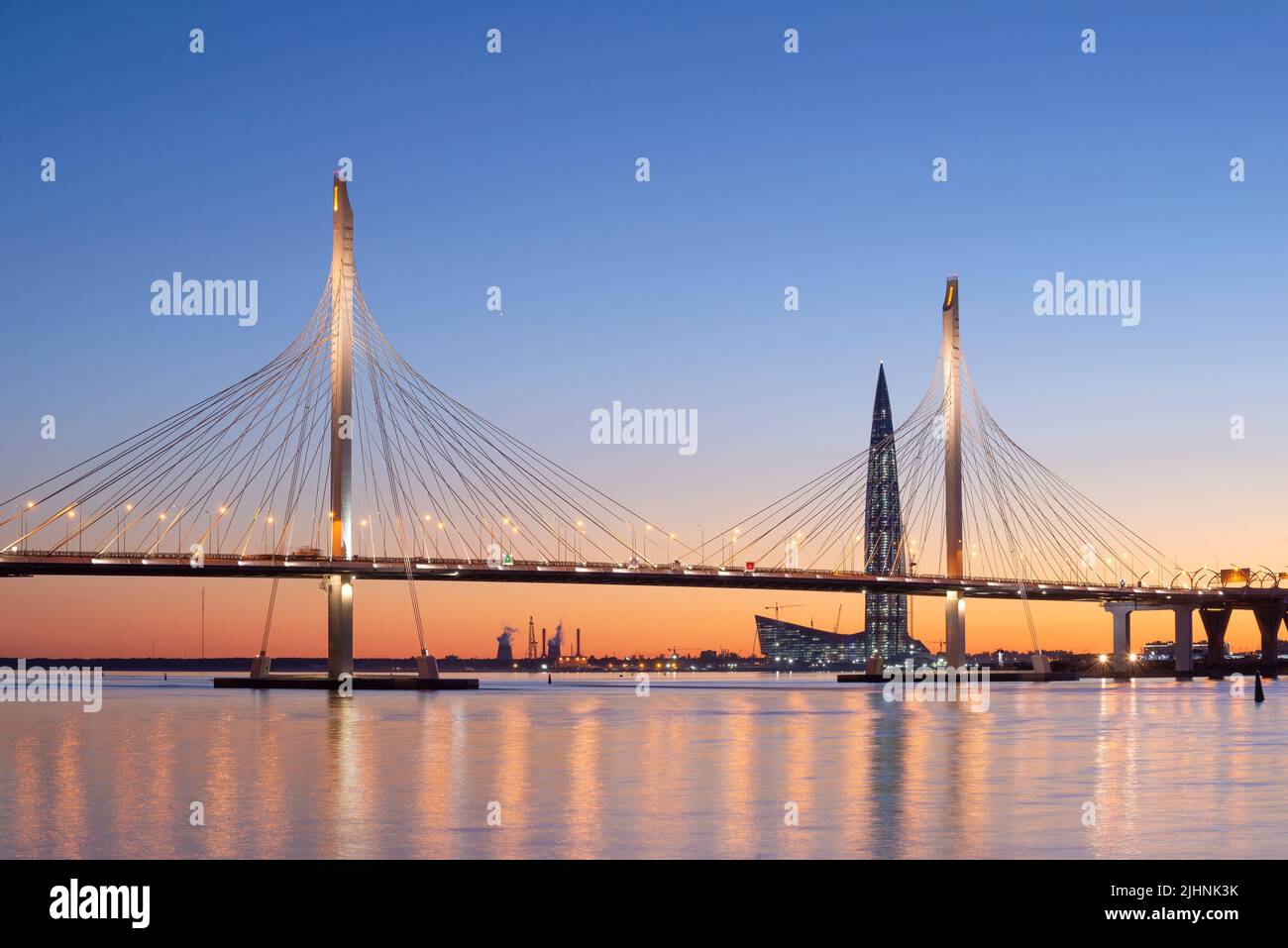 SAINT PETERSBURG, RUSSIA - MAY 29, 2018: Cable-stayed bridge across the Petrovsky fairway and the Lakhta Center building against the backdrop of the M Stock Photo