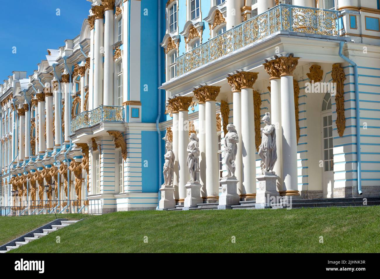 PUSHKIN, RUSSIA - MAY 29, 2018: Fragment of the ancient Catherine Palace on a sunny May day. Tsarskoye Selo Stock Photo