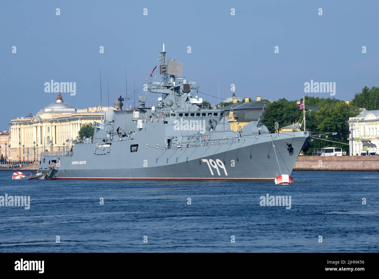 SAINT PETERSBURG, RUSSIA - JULY 28, 2018: Russian frigate 'Admiral Makarov' at the Universitetskaya embankment. Preparations for the military parade i Stock Photo