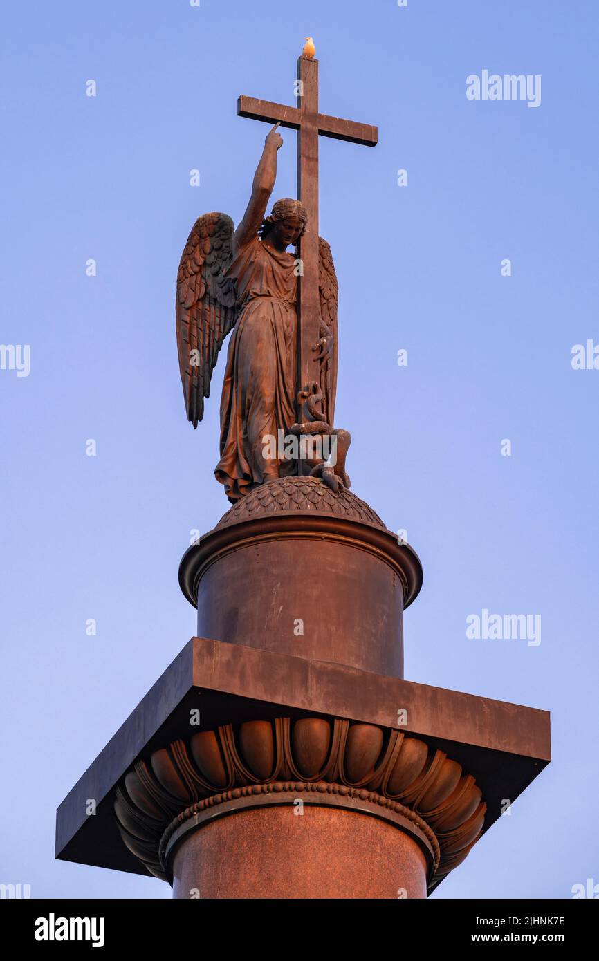 Sculpture of  the angel on top of the Alexander Column (1834) close-up on a July evening. Saint-Petersburg, Russia Stock Photo