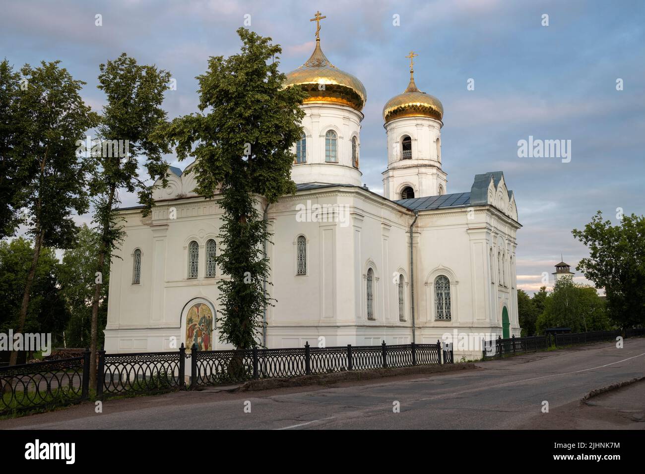 Ancient Cathedral of the Epiphany in early July morning. Vyshny Volochek. Tver region, Russia Stock Photo