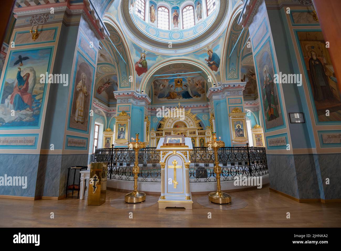 STARITSA, RUSSIA - JULY 15, 2022: Interior of the ancient Trinity Cathedral of the Staritsa Assumption Monastery. Tver region Stock Photo
