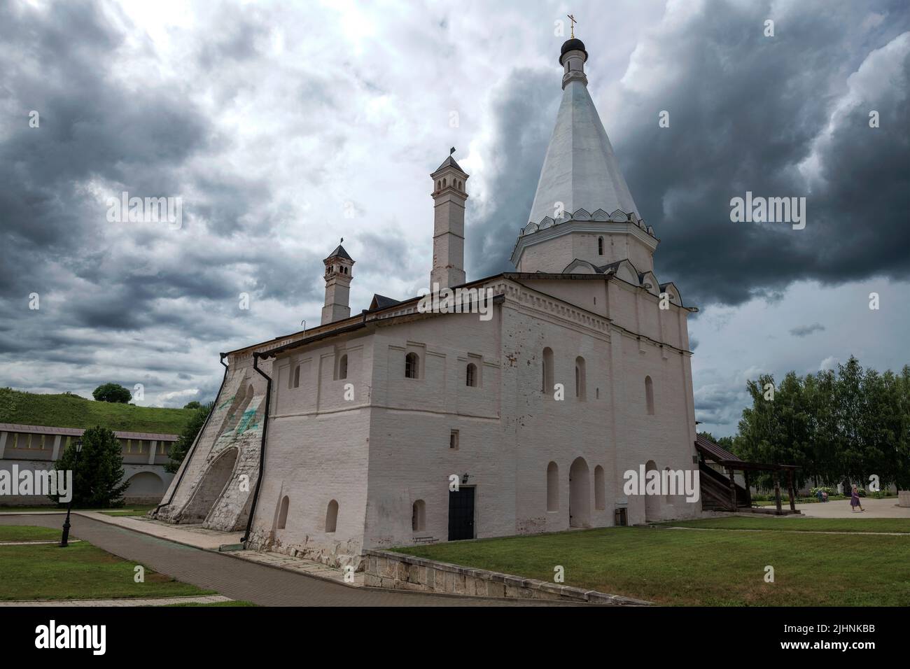 Ancient Church of the Presentation of the Most Holy Theotokos into the Temple under a stormy sky on a July day. Staritsa Assumption Monastery. Tver re Stock Photo
