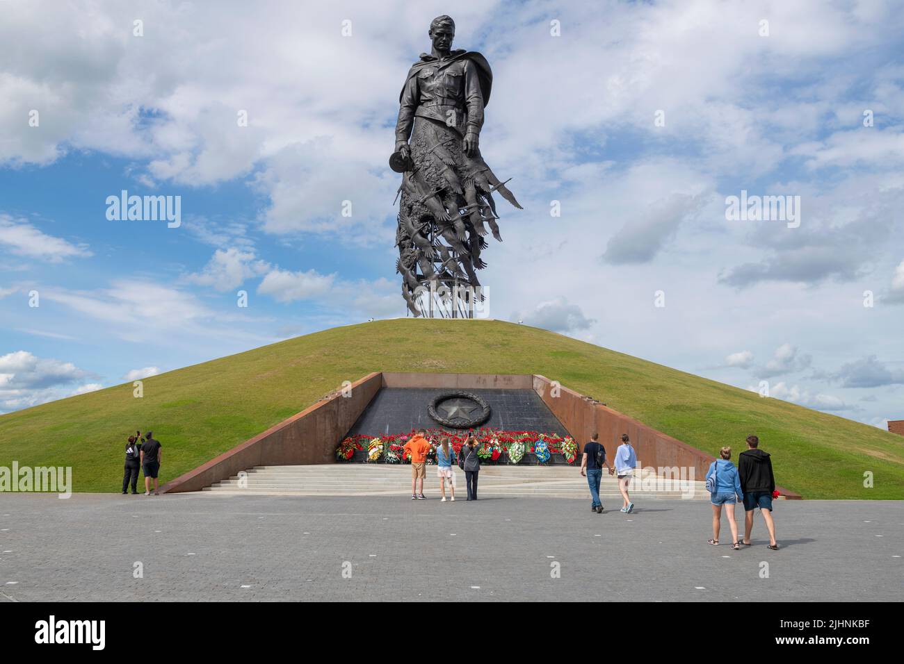 RZHEV, RUSSIA - JULY 15, 2022: Visitors at the memorial to Soviet soldiers (Rzhev memorial) who died during the Great Patriotic War Stock Photo