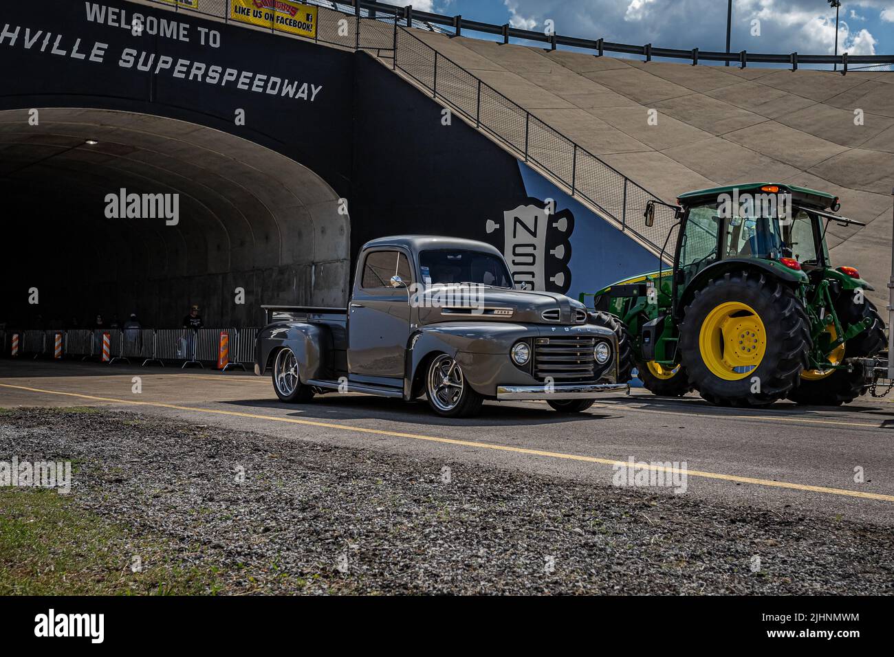 Lebanon, TN May 14, 2022 Wide angle front corner view of a 1948 Ford