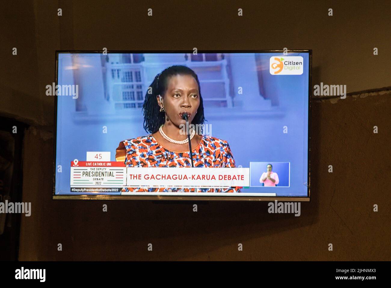 Nakuru, Kenya. 19th July, 2022. A tv screen shows Azimio la Umoja Political Coalitionís Martha Karua during the live broadcast of the deputy presidential debate with Kenya Kwanza political Coalitionís Rigathi Gachagua (Not in the Image). The debate was aired across major broadcasting stations and digital platforms in Kenya. Debaters had an opportunity to tell Kenyans their key priorities should they form the next government. Kenya will be holding its general election on August 9, 2022. Credit: SOPA Images Limited/Alamy Live News Stock Photo