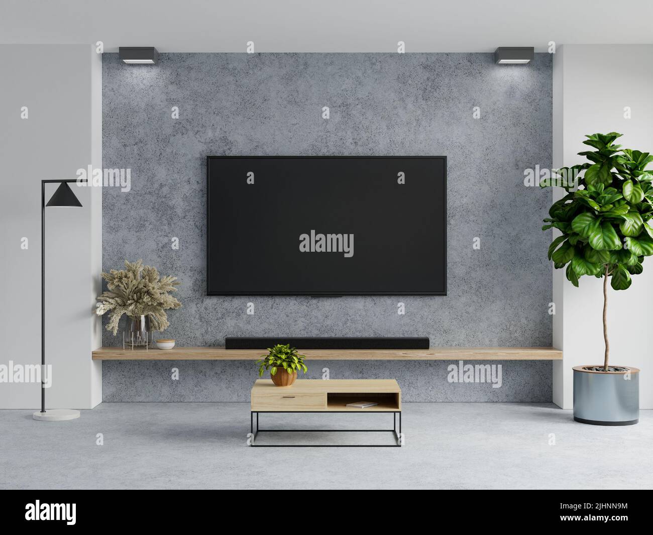 Concrete wall mounted tv in living room interior on concrete background