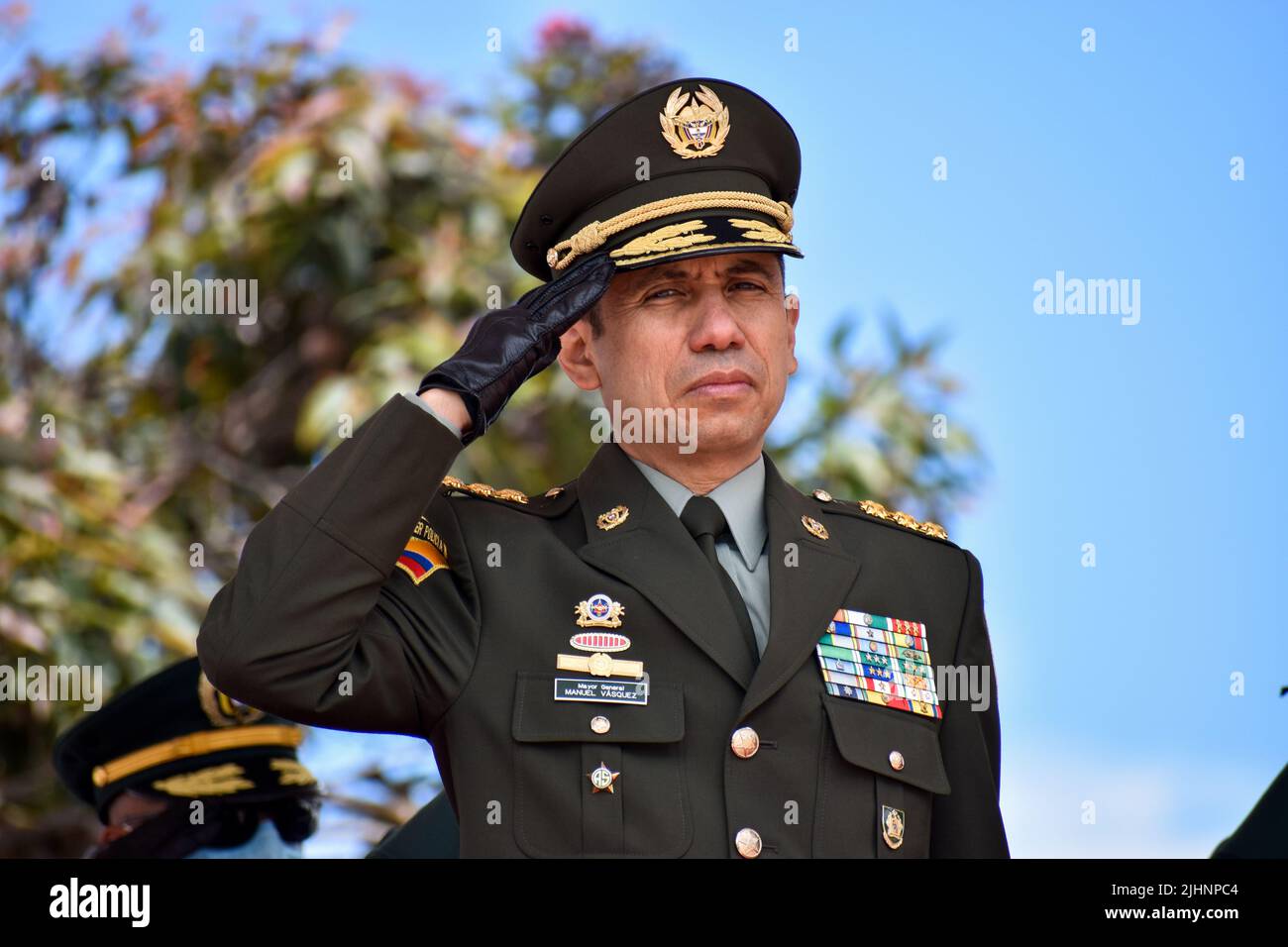 Bogota, Colombia, July 19, 2022. Colombia's police mayor general Manuel Antionio Vasquez is seen during the ceremony of honors to families of fallen military members in Combat prior to the Colombia's independence day parade that takes place on july 20, in Bogota, Colombia, July 19, 2022. Photo by: Cristian Bayona/Long Visual Press Stock Photo