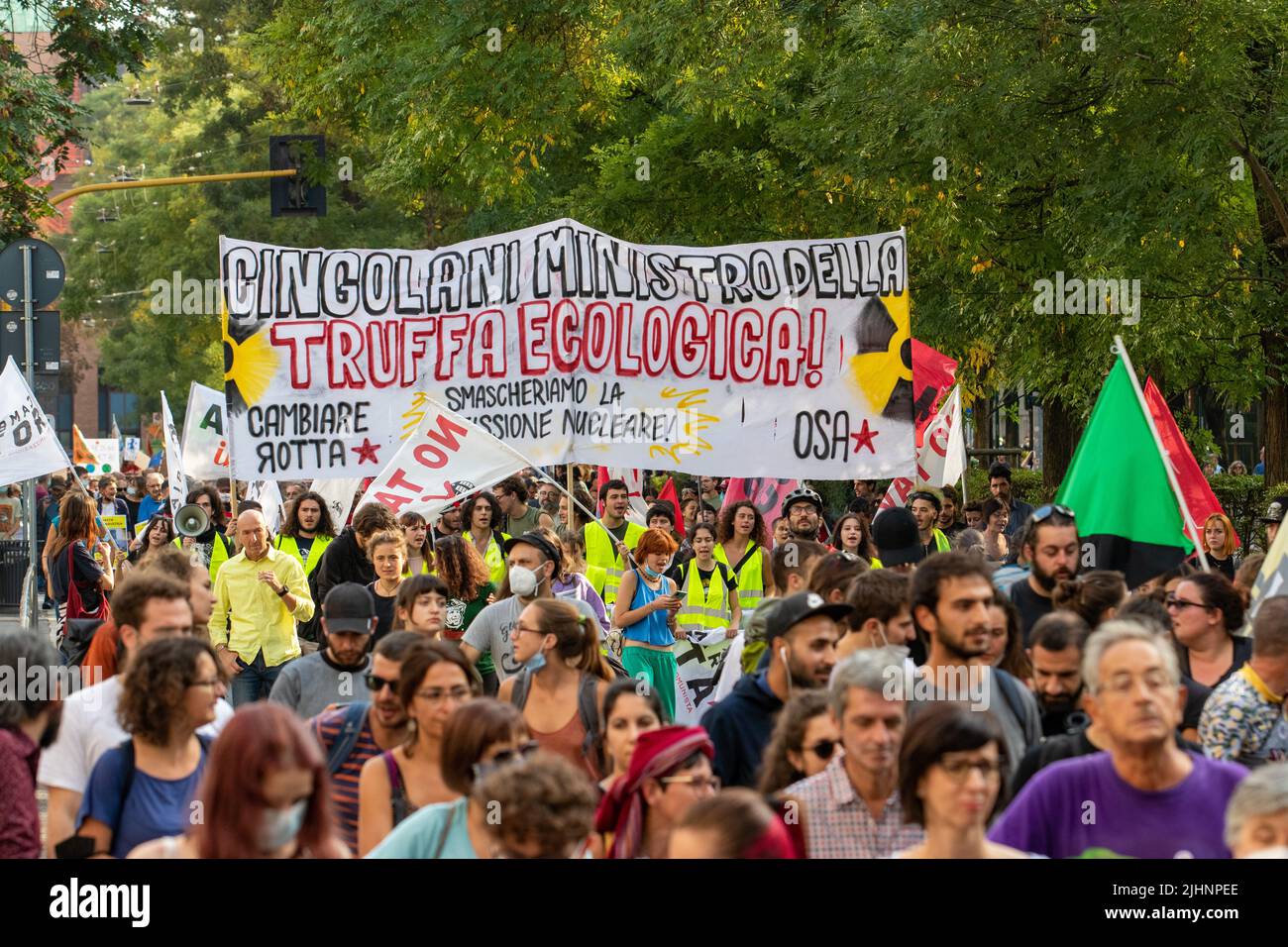 Milan, Italy. 02nd Oct, 2021. Banner against the Italian minister of environment Roberto Congolani and nuclear power plants. On October 2nd, 2021 on the occasion of the Youth COP and Pre COP 26 6000 people joined a Fridays for Future school strike in Milan, Italy. They protested to show a clear message for climate and environmental protection, for the Paris Agreement & the 1.5 degree goal, and to make pressure on the politicians. (Photo by Alexander Pohl/Sipa USA) Credit: Sipa USA/Alamy Live News Stock Photo