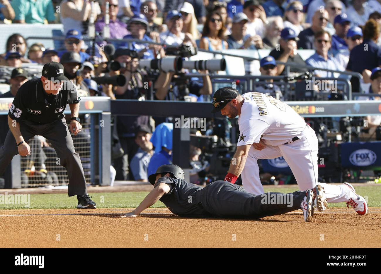 Dodger Stadium, Los Angeles, July 19, 2022, The American League's Shohei  Ohtani of the Los Angeles Angels reacts after hitting a single in the first  inning of the MLB All-Star baseball game