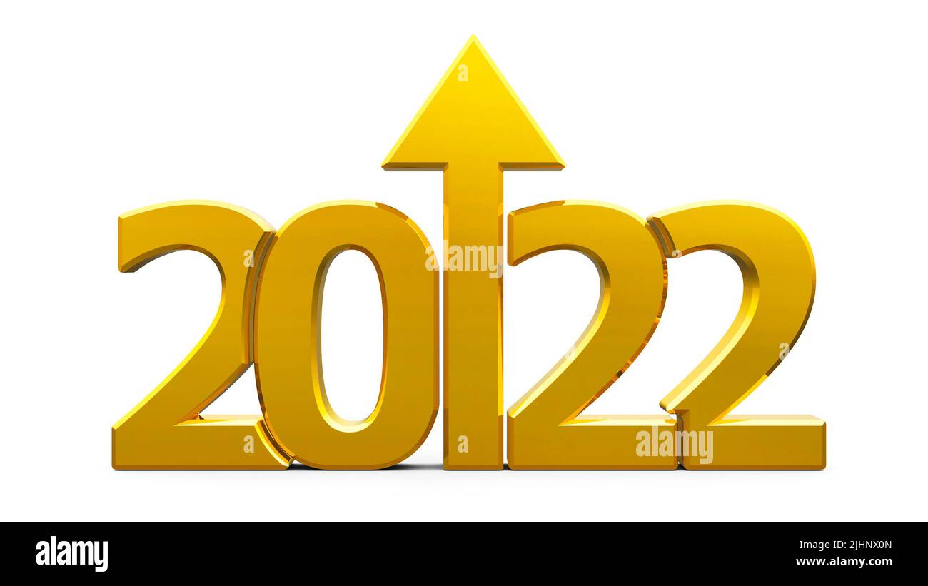 Gold 2022 with arrow up isolated on white background, represents growth in the new year 2022, three-dimensional rendering, 3D illustration Stock Photo
