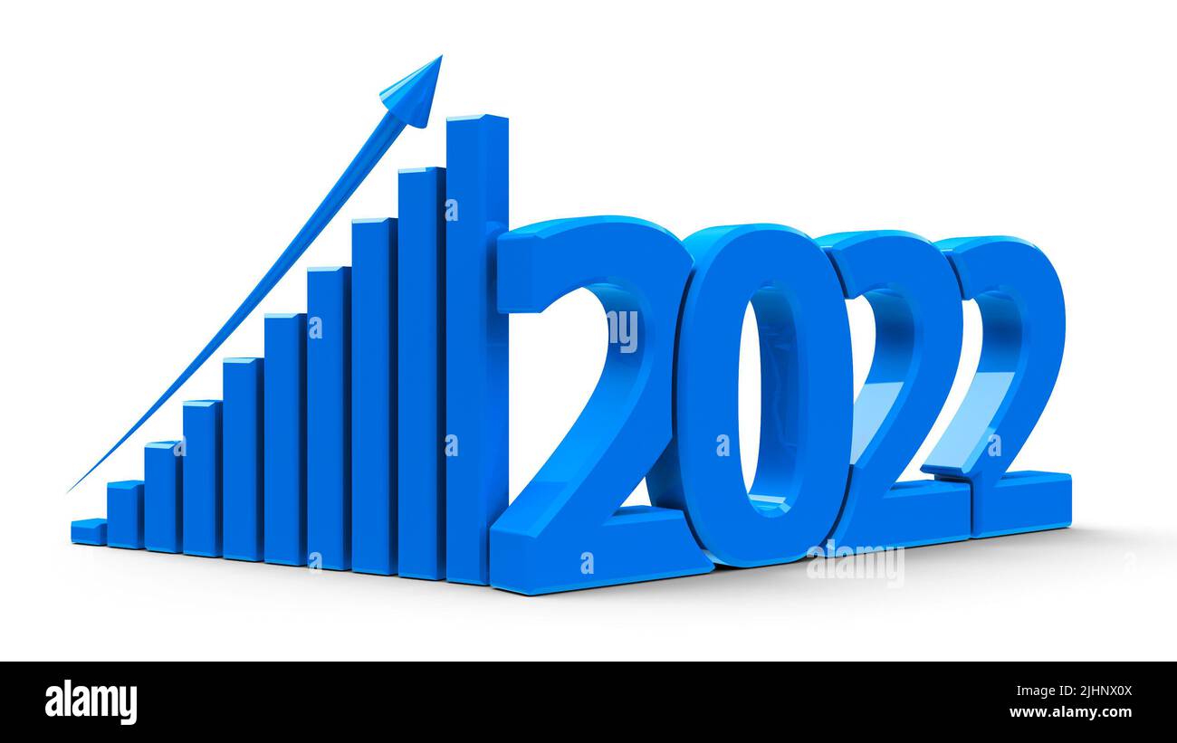 Blue business graph with arrow up and 2022 symbol, represents growth in the new year 2022, three-dimensional rendering, 3D illustration Stock Photo