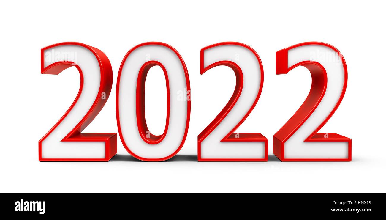 Red 2022 symbol, icon or button isolated on white background, represents the new year 2022, three-dimensional rendering, 3D illustration Stock Photo