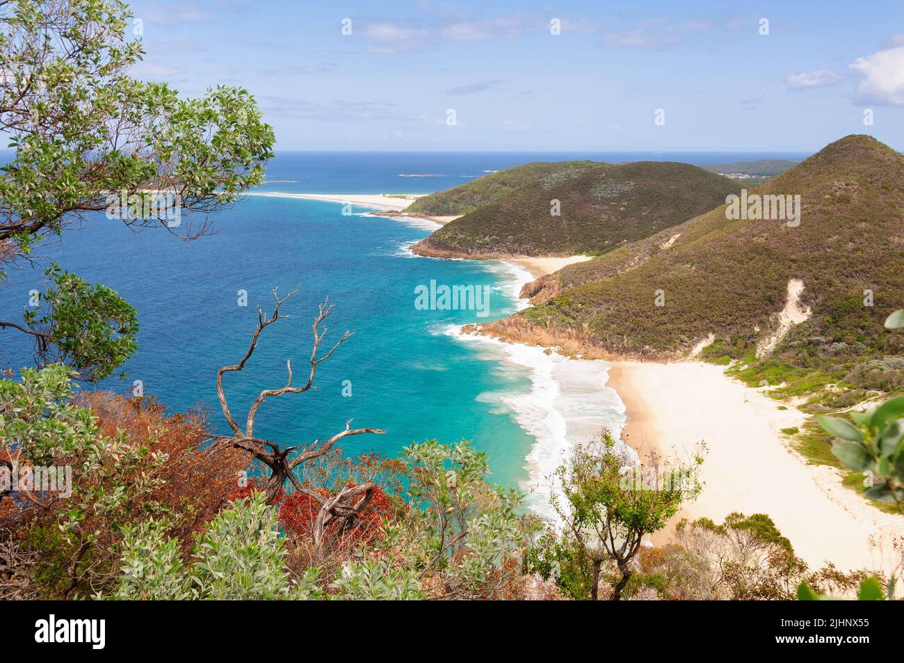 Beautiful view from the Tomaree Mountain Lookout is the reward for the steep walk - Shoal Bay, NSW, Australia Stock Photo