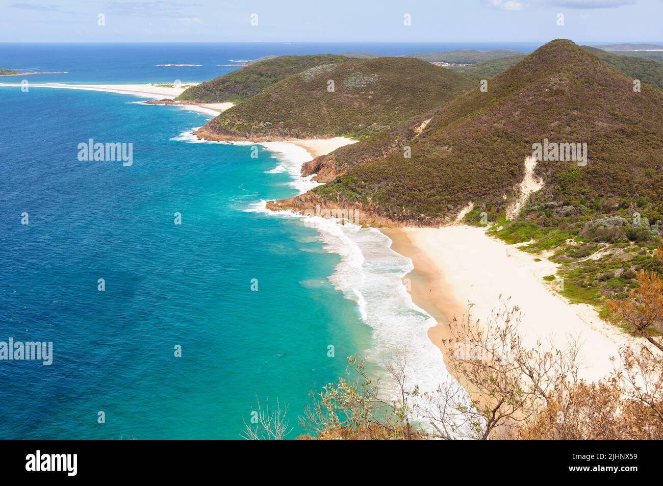 Zenith Beach, Wreck Beach B and Box Beach from the Tomaree Mountain Lookout - Shoal Bay, NSW, Australia Stock Photo