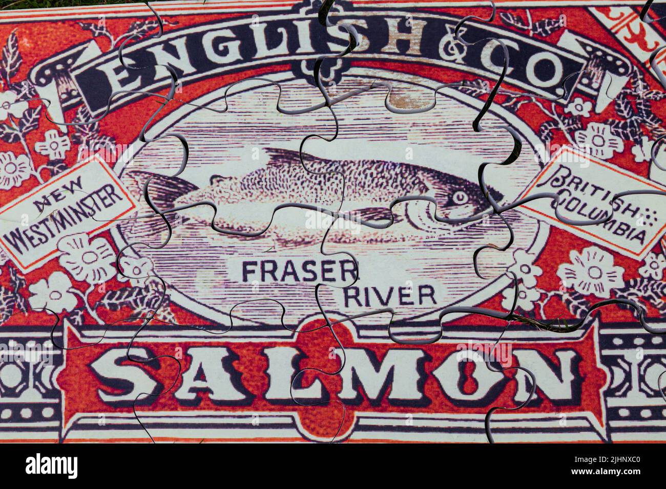 Heritage canned Salmon label enlarged for a giant sized jigsaw puzzle in Steveston British Columbia Canada Stock Photo
